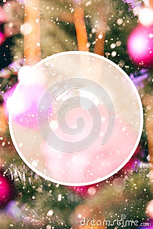 Christmas Tree With Blurry Rose Balls, Copy Space, Snowflakes Stock Photo