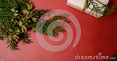 Christmas tree, boxes with gifts, on a red background. mockup christmas 2020 and new year 2021 concept Stock Photo