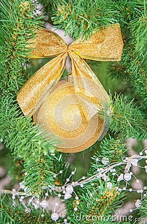 Christmas tree branch with decorations beckground Stock Photo