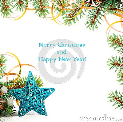 Christmas tree branch with gold serpentine Stock Photo