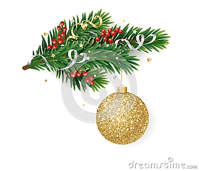 Christmas tree branch isolated on white. Holiday decoration with golden glitter ball, holly berry and ribbons. Vector Vector Illustration