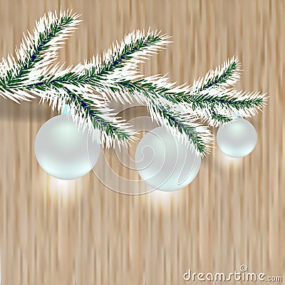 Christmas tree branch with silver balls. Wood background. illustration Cartoon Illustration