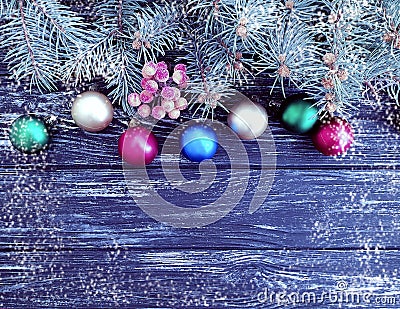 Christmas tree branch, frame festive traditional invitation greeting , on a wooden background Stock Photo