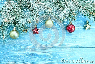 Christmas tree branch seasonal vintage holiday frame , border decoration wooden background, snow Stock Photo