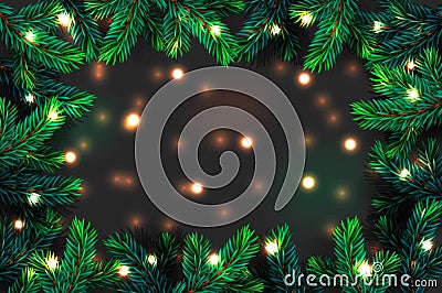 Christmas tree branches background. Festive Xmas border of green branch of pine with sparkling lights garland, vector illustration Cartoon Illustration