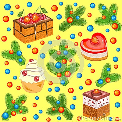 Christmas tree branches decorated with bright balls and sweet cakes. Seamless pattern. Suitable for packing holiday gifts. Creates Cartoon Illustration