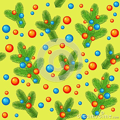 Christmas tree branches decorated with bright balls. Tradition of the New Year. Seamless pattern. Suitable for packing holiday Cartoon Illustration