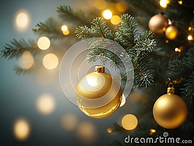 christmas tree branches decorated with golden baubles and lights holiday background copyspace Stock Photo