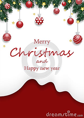 Christmas tree branches with Christmas decorations balls, Gold stars on snow-white shape, and red background. Vector Illustration