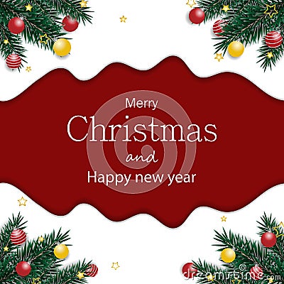 Christmas tree branches with Christmas decorations balls, Gold stars on snow-white shape, and red background. Vector Illustration