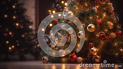 Christmas tree branches with festive balls. Generative Ai Stock Photo