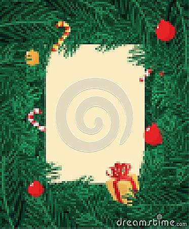 Christmas tree branches Frame pixel art. Xmas Background branch Vector Illustration