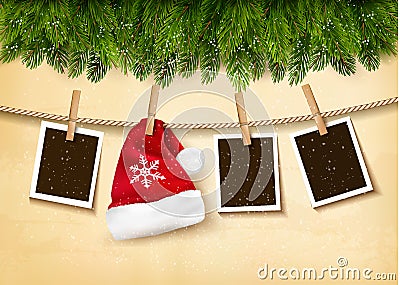 Christmas tree branches with photos and a Santa hat. Vector Illustration