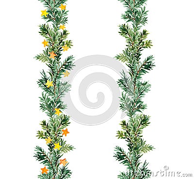 Christmas tree branches seamless border. Pine, fir twigs with stars. Watercolor repeated frame with New Year decorations Stock Photo