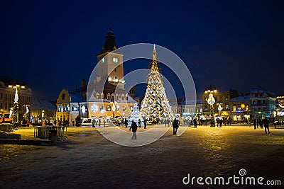 Christmas tree in Brasov Council Square. Beautiful Christmas lighting. Editorial Stock Photo