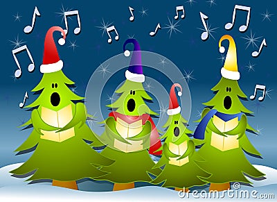 Christmas Tree Carolers Singing In Snow Cartoon Illustration