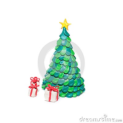 Christmas tree and Christmas gifts from clay on white background Cartoon Illustration