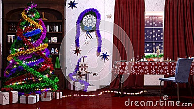 Christmas tree with christmas lights. Post-apocalypse. View of the city post-apocalypse. 3D render Cartoon Illustration