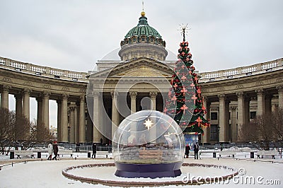 Christmas tree and Christmas nativity scene on Nevsky Prospect near the Kazan Cathedral Editorial Stock Photo