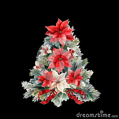 Christmas Tree Clipart adorned with ornaments, lights, and poinsettia christmas flower Stock Photo