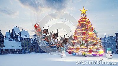Christmas tree with colorful colorful balls. Santa Claus on a sleigh with Christmas reindeer. Snowmen and Christmas and Stock Photo