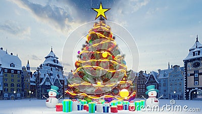 Christmas tree with colorful colorful balls. Snowmen and Christmas and new year decorations and gifts. A small town in Stock Photo