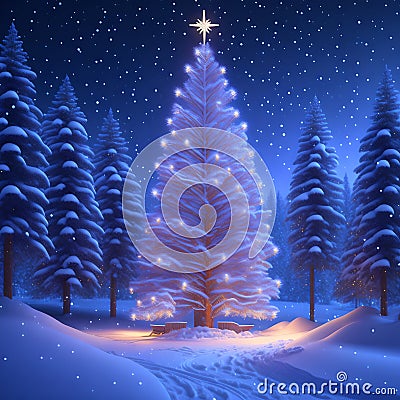 Christmas tree with covered in shining snow wallpaper Stock Photo