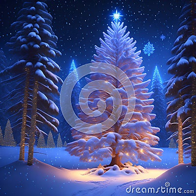 Christmas tree with covered in shining snow wallpaper Stock Photo