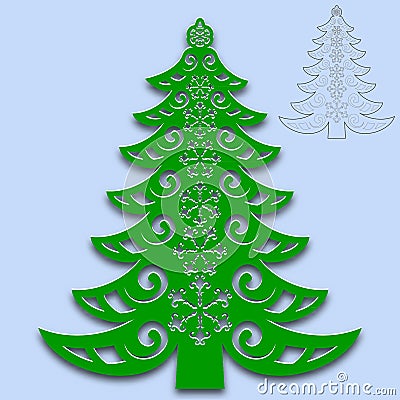 Christmas tree cut from paper. Template for design of greeting cards, congratulations, menus, etc. For cutting from paper, wood Vector Illustration