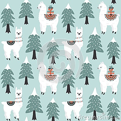 Christmas tree and cute lama with gift boxes seamless pattern Vector Illustration