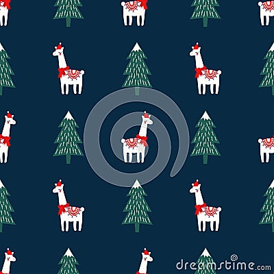 Christmas tree and cute lama with xmas hat seamless pattern on dark blue background. Vector Illustration