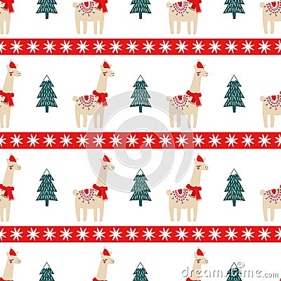Christmas tree and cute lama with xmas hat seamless pattern. Vector Illustration