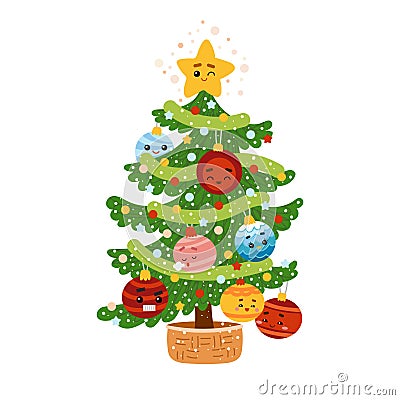 Christmas tree with cute toys. Cartoon vector illustration Vector Illustration