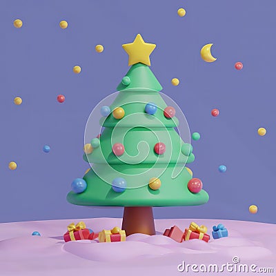 Christmas tree 3d icon in cartoon toy style. Minimalistic stylized 3d illustration of conical shaped Christmas tree Cartoon Illustration