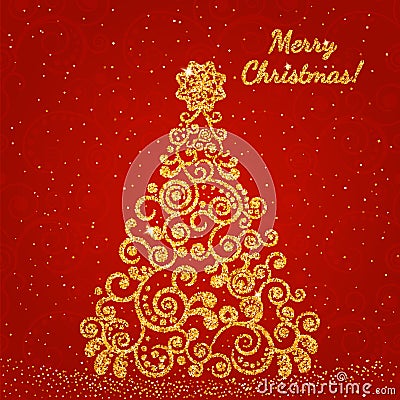 Christmas tree,decorated with a delicate pattern with gold texture Vector Illustration