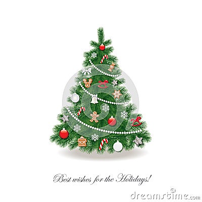 Christmas tree decorated with different toys and gingerbread cookies. Realistic. Stock Photo