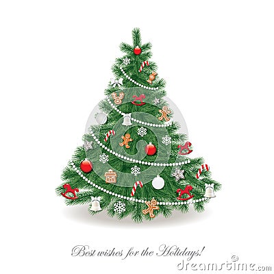 Christmas tree decorated with different toys and gingerbread cookies. Realistic. Stock Photo