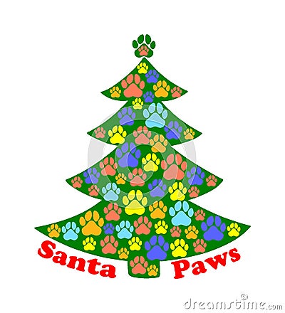 a Christmas tree decorated with dog paws and text Santa Paws Cartoon Illustration