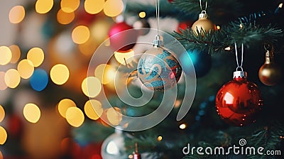 Christmas tree decorated is festively decorated with vintage colorful balls, garlands and toys close up Stock Photo