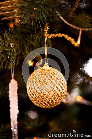 Christmas tree decorated with garlands, ball , sweet and Christmas lights on the background of beautiful bokeh Stock Photo