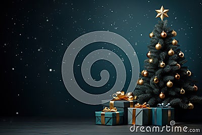 Christmas tree decorated with golden baubles and gift boxes. Christmas background Stock Photo