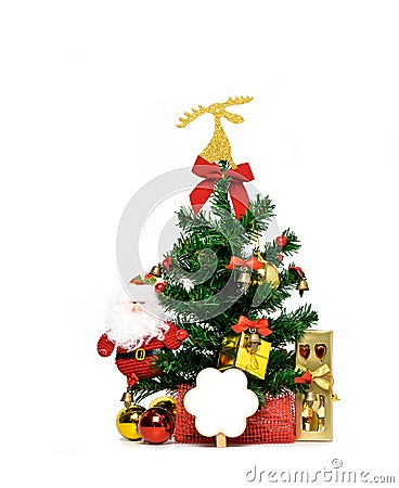 Christmas tree decorated with ribbon, card, fork and spoon in golden gift box, Santa Claus and ball on white background with copy Stock Photo