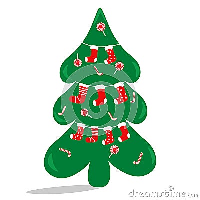 The Christmas tree is decorated with sweets and socks. Flat vector illustration. Vector Illustration