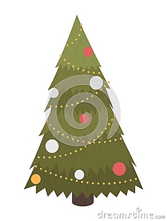 Christmas tree decorated with toys, balls, garland, green fir-tree with decoration isolated at white Vector Illustration