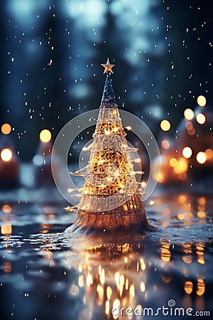 Christmas tree with decoration for New Year's holidays, evening forest and snow, winter season Stock Photo