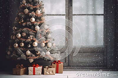 Christmas tree with decorations. Beautiful Christmas gifts under fir tree on floor in room. AI generated Cartoon Illustration