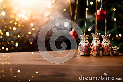 Christmas tree decorations in the form of the Three Wise Men against, sparkling bokeh. Religious holiday of Epiphany Stock Photo