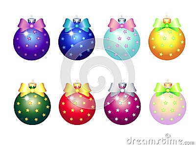 Christmas tree decorations - glass balls with bows. Dyeing for Christmas and New Year cards and banners Vector Illustration