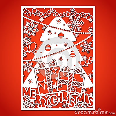 Christmas tree with decorations. Laser Cutting template. Vector Illustration