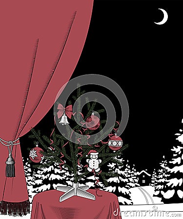 Christmas tree with decorations and red curtain against the night winter landscape with a spruce forest in snow Vector Illustration